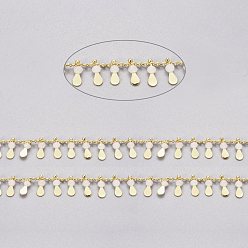 Thistle Handmade Glass Beaded Chains, with Real 18K Gold Plated Brass Side Twisted Chains Curb Chains, with Spool, Long-Lasting Plated, Soldered, Thistle, 2.5x2x1mm, teardrop,: 10x3x3mm, about 32.8 Feet(10m)/roll
