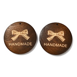 Кокосово-Коричневый Древесины подвески, плоские круглые подвески с надписью "ручная работа", кокосового коричневый, 39.5~40.5x5~5.5 мм, отверстие : 1.4 мм
