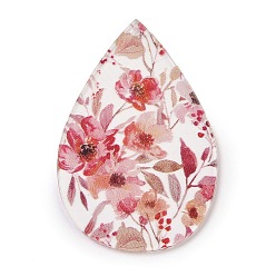 Цветок Подвески из прозрачного акрила с принтом, слезинка с цветком, 49.5x32.5x1.5 мм, отверстие : 1.6 мм