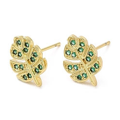 Real 18K Gold Plated Rack Plating Brass Leaf Stud Earrings with Cubic Zirconia, Lead Free & Cadmium Free, Real 18K Gold Plated, 12x8mm