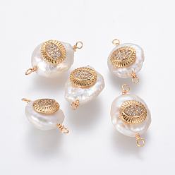 Прозрачный Соединители звеньев натурального жемчуга, с латунными микро проложить кубических выводы циркония, самородки с дурным глазом, золотые, прозрачные, 22~25x12~14x6~8 мм, отверстие : 1.6 мм