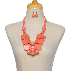 Коралловый Наборы из деревянных прямоугольных и круглых бусин, многослойные ожерелья и серьги-подвески, коралл, 610 мм