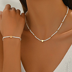 Белый Наборы ожерелий и браслетов из стеклянных и пластиковых бусин., сердце, белые, колье: 15.94 дюйм (40.5 см)