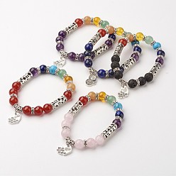Gemischte Stein Natürliche & synthetische gemischte Steinperlen Charm Armbänder, Armbänder chakra stretch, mit Legierungszubehör und Zubehör aus Messing, Herz, 58 mm (2-1/4 Zoll)
