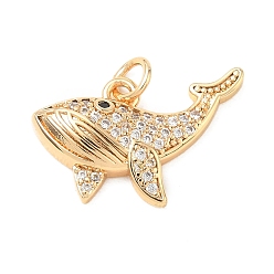 Real 18K Gold Plated Brass Micro Pave Black Cubic Zirconia Pendants, Whale Charms, Real 18K Gold Plated, 14x21.5x4mm, Hole: 3mm