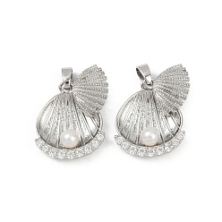 Платина Латунные микро проложить кубического циркония подвески, без кадмия и без свинца, формы раковины, с абс пластмассовой имитационной жемчужиной, платина, 19x16.5x5.5 мм, отверстие : 2.7x2.5 мм