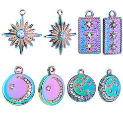 Rainbow Color 8 шт. 4 Стиль: луна, планеты и звезды 304 Подвески из нержавеющей стали, со стразами, разнообразные, Радуга цветов, 16.5~21.5x10~19x2~3.5 мм, отверстие : 1.4~1.6 мм, 2 шт / стиль