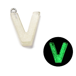 Letter V Светящиеся подвески смолы, светится в темноте, с платиновым покрытием петли, буквы, Буква V, 23.5x18x5 мм, отверстие : 1.8 мм