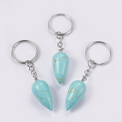 Synthetic Turquoise Synthetic Turquoise Keychain, with Iron Key Rings, Platinum, teardrop, 80.5mm, Pendant: 33.5x15.5mm