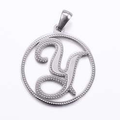 Letter Y Non-Tarnish 304 Stainless Steel Pendants, Flat Round with Letter, Stainless Steel Color, Letter.Y, 28x25x1.2mm, Hole: 6x3.5mm