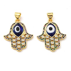 Marine Blue Brass Cubic Zirconia Pendants, with Lampwork, Real 18K Gold Plated, Hamsa Hand Charm, Marine Blue, 24x20.5x4mm, Hole: 5x3.5mm