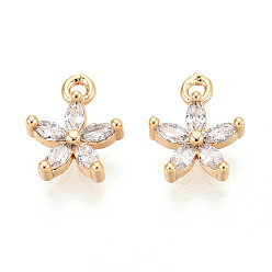 Настоящее золото 18K Латунь прелести циркония кубической, без кадмия, без никеля и без свинца, цветок, прозрачные, реальный 18 k позолоченный, 9.5x8x3 мм, отверстие : 1 мм