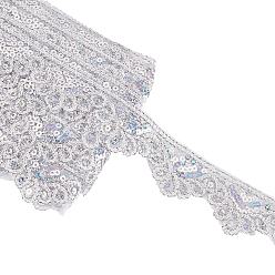 Silver Ethnic Style Polyester Ribbon, with Paillette/Sequins, Flat with Wave Shape, Garment Accessories, Silver, 1-3/4 inch(45x1.5mm), 10 yards/bundle
