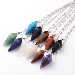 Смешанные камни Маятники из латуни платинового цвета из смеси натуральных и синтетических камней с шестигранным наконечником, с карабин-лобстерами , 220x3 мм