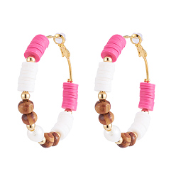 Tief rosa Heishi-Ohrringe aus Messing mit Perlen, mit Holzperlen, natürlichen Perlen, Kunststoffohrmuttern und vergoldete Messingperlen, tief rosa, 50 mm, Stift: 0.7 mm