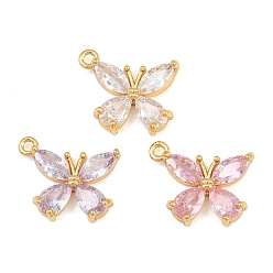 Mixed Color Brass Pave Cubic Zirconia Pendants, Butterfly Charms, Real 18K Gold Plated, Mixed Color, 17.5x15x3mm, Hole: 1.4mm