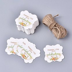 Colorful Floral Pattern Paper Gift Tags, Hang Tags, with Jute Twine, Square with Word Thank You for Celebrating with Us, Colorful, 5x5x0.05cm, Hole: 4mm, 50pcs/set