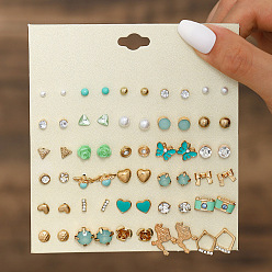 Темно-бирюзовый 30пары комплектов серег-гвоздиков из сплава и пластика с имитацией жемчуга и страз, золотые, темные бирюзовый, 108x115 мм