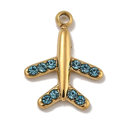 Настоящее золото 14K 304 прелести нержавеющей стали, ручная полировка, со стразами, очарование самолета, реальный 14 k позолоченный, 14x11x2 мм, отверстие : 1.4 мм