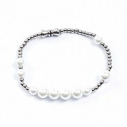 Серебро Минималистичные браслеты из искусственного жемчуга и круглых бусин из нержавеющей стали, эластичные., серебряные, внутренний диаметр: 304 дюйм (7.87 см)