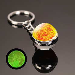 Gold Luminous Glass Pendant Keychain, with Alloy Key Rings, Glow In The Dark, Round with Galaxy, Gold, 8cm