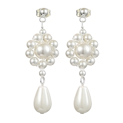 Flower Shell Pearl Beaded Dangle Stud Earrings, Flower, 48x16mm