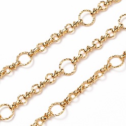 Real 18K Gold Plated Brass Link Chains, with Spool, Textured, Unwelded, Real 18K Gold Plated, Ring: 8x1mm & 5x1mm, Link: 7x3mm, about 16.4 Feet(5m)/roll