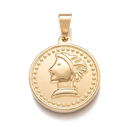 Golden 304 Stainless Steel Pendants, Flat Round with Human, Golden, 29x25.5x3mm, Hole: 4x8mm