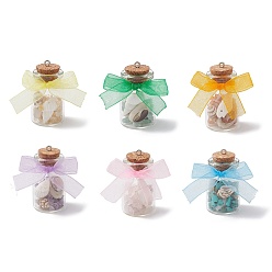 Смешанные камни 6 шт. 6 стили прозрачная стеклянная бутылка желаний с подвесками из смешанного камня и натуральной ракушки внутри, с платиновыми железными петлями и бантом, 40.5x22 мм, отверстие : 1.8 мм, 1 шт / стиль