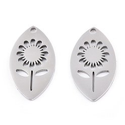 Нержавеющая Сталь Цвет Не тускнеющие 304 подвески из нержавеющей стали, лазерная резка, конский глаз с подвеской в виде цветка, цвет нержавеющей стали, 20x12x1.5 мм, отверстие : 1.5 мм