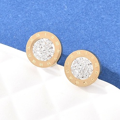 Белый Плоские круглые 304 из нержавеющей стали серьги стержня, с полимерной глиной и горным хрусталем, ионное покрытие (ip), белые, 10 мм