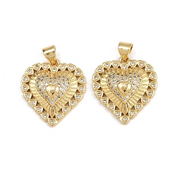 Настоящее золото 16K Латунные микро проложить кубического циркония подвески, сердце, реальный 16 k позолоченный, 23x20x5 мм, отверстие : 3.5x5 мм