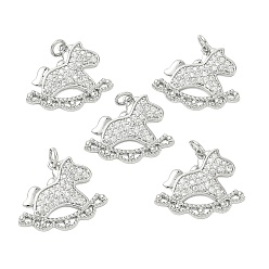 Real Platinum Plated SHEGRACE Brass Micro Pave Cubic Zirconia Pendants, Horse Charms, Cadmium Free & Nickel Free & Lead Free, Clear, Real Platinum Plated, 14.5x19x2mm, Hole: 2.8mm
