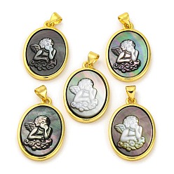 черная губная раковина Подвески-ангелы из натуральной черной ракушки, стойка покрытие латунные овальные подвески, золотые, 25x17x3.5 мм, отверстие : 3.5x5 мм