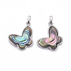 Platinum Natural Abalone Shell/Paua Shell Pendants, with Brass Findings, Butterfly, Platinum, 14x18x5mm, Hole: 2x3mm