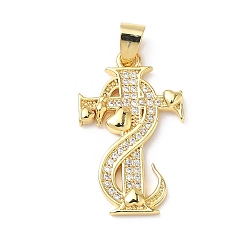 Настоящее золото 18K Подвески из прозрачного кубического циркония с микропейвом, подвески в виде креста со знаком доллара, без свинца и без кадмия, долговечный, стойки покрытие, реальный 18 k позолоченный, 28.5x17x2.5 мм, отверстие : 6x3.5 мм