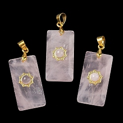 Розовый Кварц Ограненные подвески из натурального розового кварца, Прямоугольный элемент с подвесками в виде солнца, с латунной фурнитурой золотистого оттенка и декоративными элементами в виде ламелей., 25x13x7 мм, отверстие : 5x3.5 мм