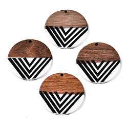 Black Resin & Walnut Wood Pendants, Flat Round with Stripe, Black, 35x2~3mm, Hole: 2mm