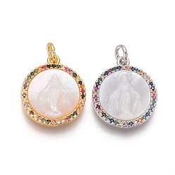 (52) Непрозрачная лаванда Латунные подвески, с микро проложить кубического циркония, раковины и прыжковые кольца, плоские круглые с Девой Марией, красочный, разноцветные, 17.5x15x3 мм, отверстие : 3 мм