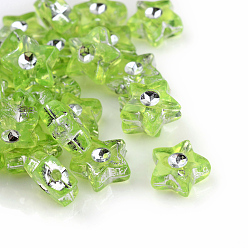 Yellow Green Plating Transparent Acrylic Beads, Silver Metal Enlaced, Star, Yellow Green, 9x8.5x4mm, Hole: 1mm, about 3000pcs/500g