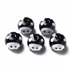 Schwarz Manuell Murano Glas Perlen, rund mit Cartoon-Gesicht, Schwarz, 13~14x10 mm, Bohrung: 2 mm