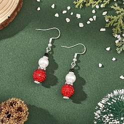 Red Christmas Handmade Polymer Clay Rhinestone Dangle Earrings, Snowman, with ABS Plastic Imitation Pearl Round Beads, 304 Stainless Steel Earrings for Women, Red, 47x10mm