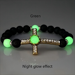 Зеленый газон Браслеты из натуральных светящихся бусин из лавового камня, светится в темноте, античное золото, крест крест, зеленый газон, внутренний диаметр: 2-1/8 дюйм (5.5 см)