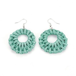 Medium Sea Green Dangle Earrings, with Handmade Reed Cane/Rattan Woven Beads and Brass Hook, Flat Round, Medium Sea Green, 64~67mm, Pendant: 41~44.5x37.2~45x4~5.3mm, Pin: 0.6mm