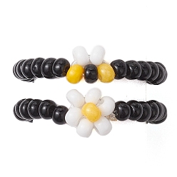 Black Round Glass Seed Beads Stretch Rings, Acrylic Flower & Bee Ring for Women, Black, 6~8mm, Inner Diameter: 20mm, 2pcs/set