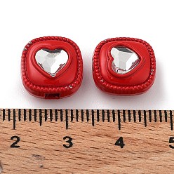 Crimson Spray Painted Alloy Bead, with Glass, Square with Heart, Crimson, 12x12x7.5mm, Hole: 2.5mm