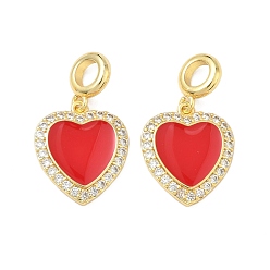 Золотой Латунные микропаве прозрачные кубические цирконии сердце европейские подвески шармы, подвески с красным сердцем и большим отверстием, покрытые эмалью, без свинца и без кадмия, долговечный, стойки покрытие, золотые, 26 мм, отверстие : 4.5 мм, Сердце: 18x15x2 mm