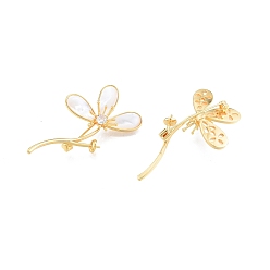 Plaqué 18K Or Véritable Accessoires de la broche en laiton, apprêts d'épinglette avec coquillage et verre, pour la moitié de perles percées, sans cadmium et sans nickel et sans plomb, fleur, réel 18 k plaqué or, 61x34x14mm, pin: 1 mm