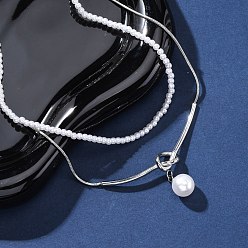Нержавеющая Сталь Цвет 304 двухслойные ожерелья из нержавеющей стали, ожерелья с круглыми подвесками из искусственного жемчуга, белые, цвет нержавеющей стали, 15.75 дюйм (40 см)