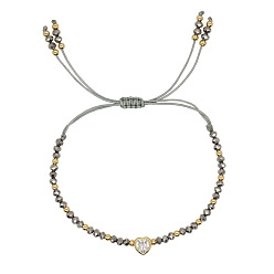 Сердце Граненые стеклянные % латунные бусины плетеные браслеты из бисера, ювелирные изделия из латуни с микро-паве из прозрачного кубического циркония для женщин, сердце, внутренний диаметр: 11 дюйм (28 см)